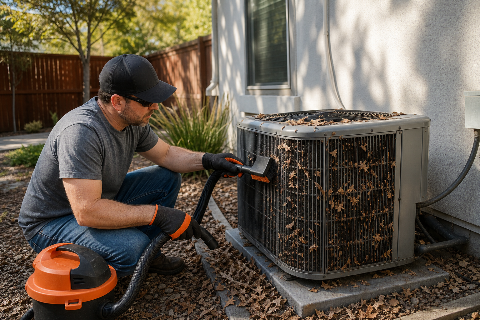 Homeowner removing leaves and dust from an outdoor AC condenser coil in Rocklin