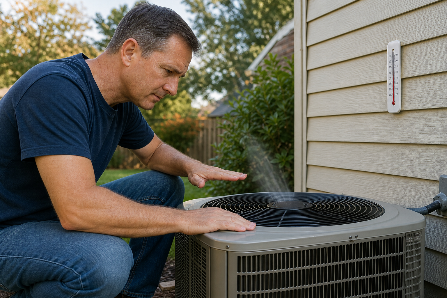 Homeowner checking AC condenser airflow and cooling after coil cleaning in Penn Valley