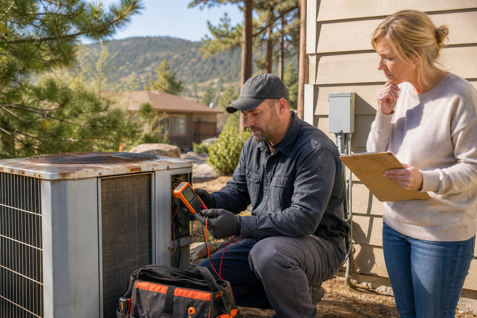 HVAC technician evaluating whether to repair or replace an old heat pump