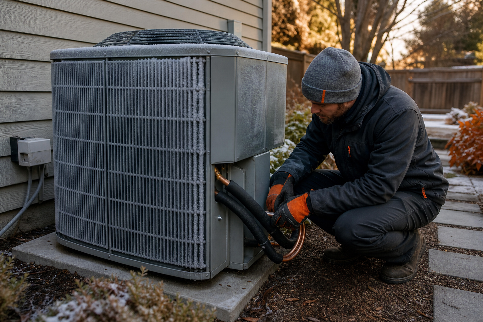 technician inspecting iced heat pump and refrigerant lines