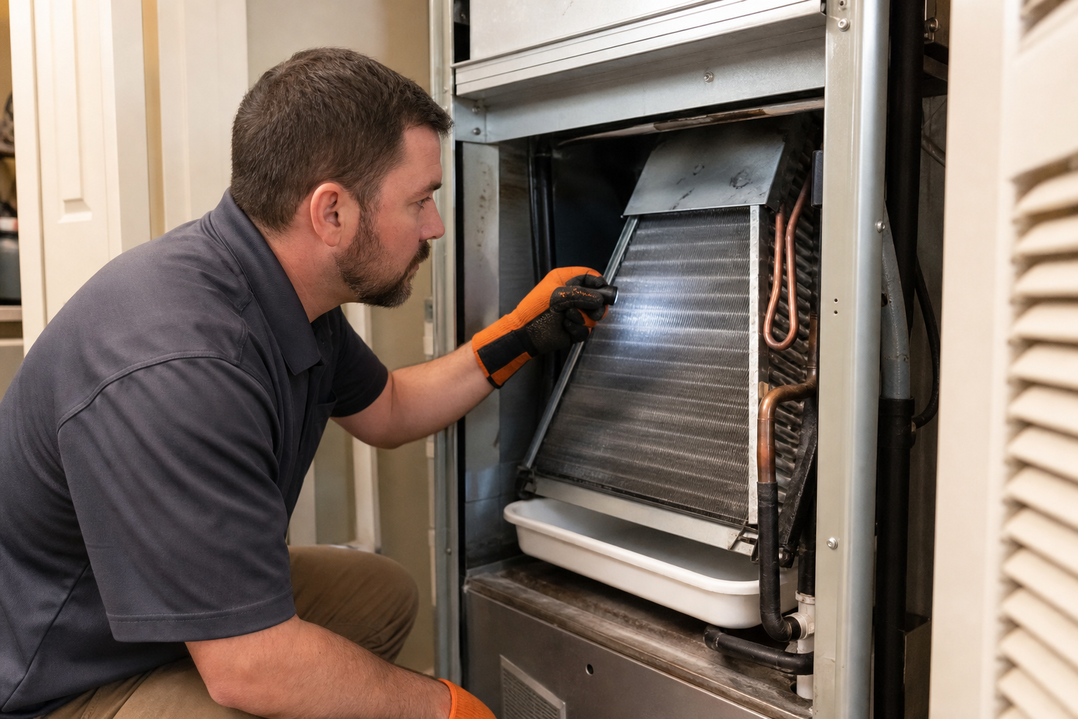 technician inspecting an evaporator coil inside a Lincoln CA home air handler