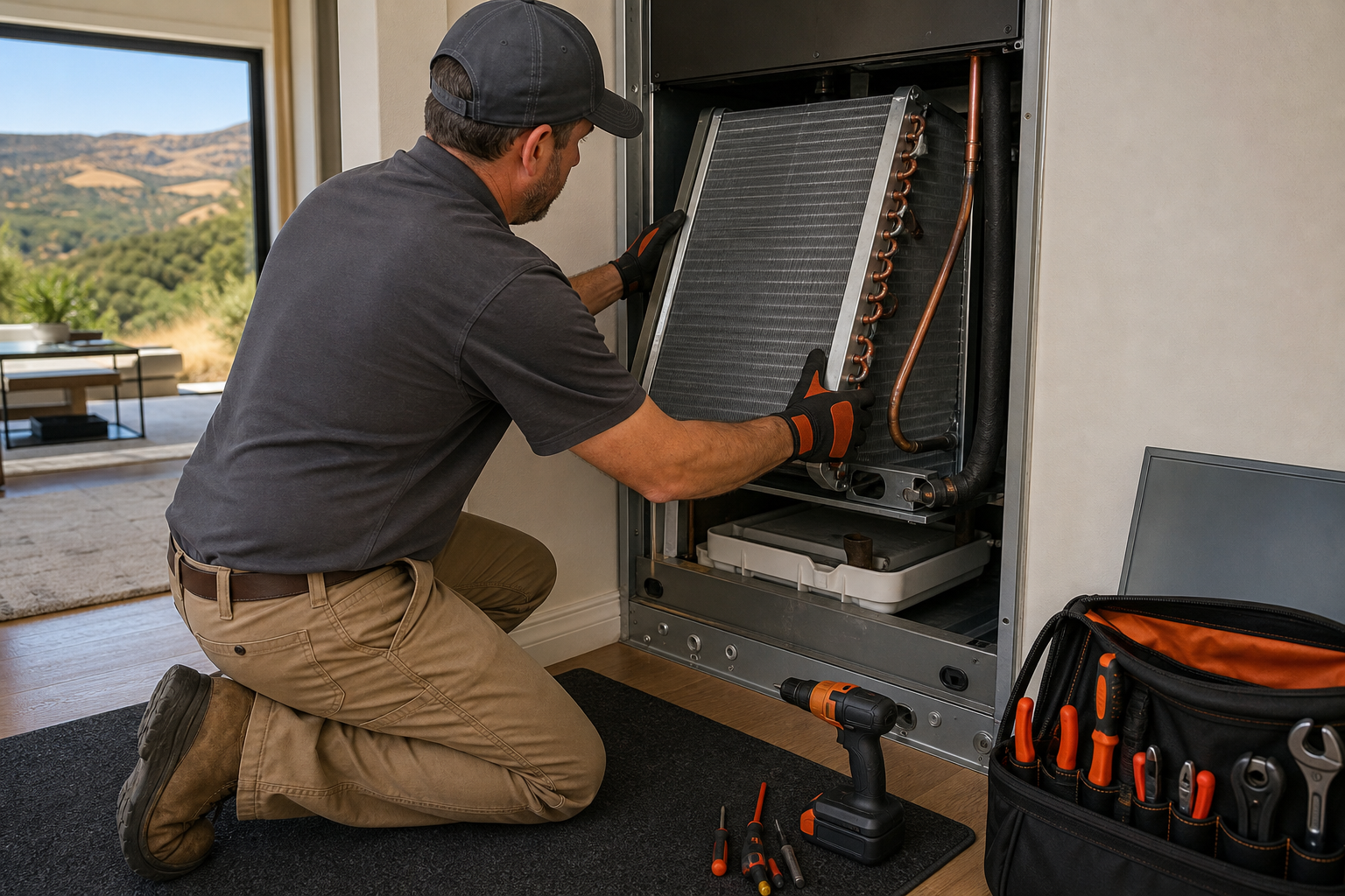 evaporator coil replacement work inside a Lincoln California home