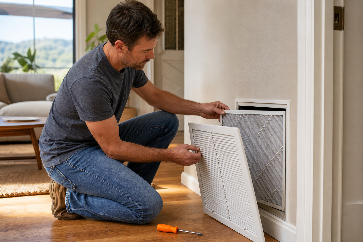 homeowner checking an AC air filter and clear return vent
