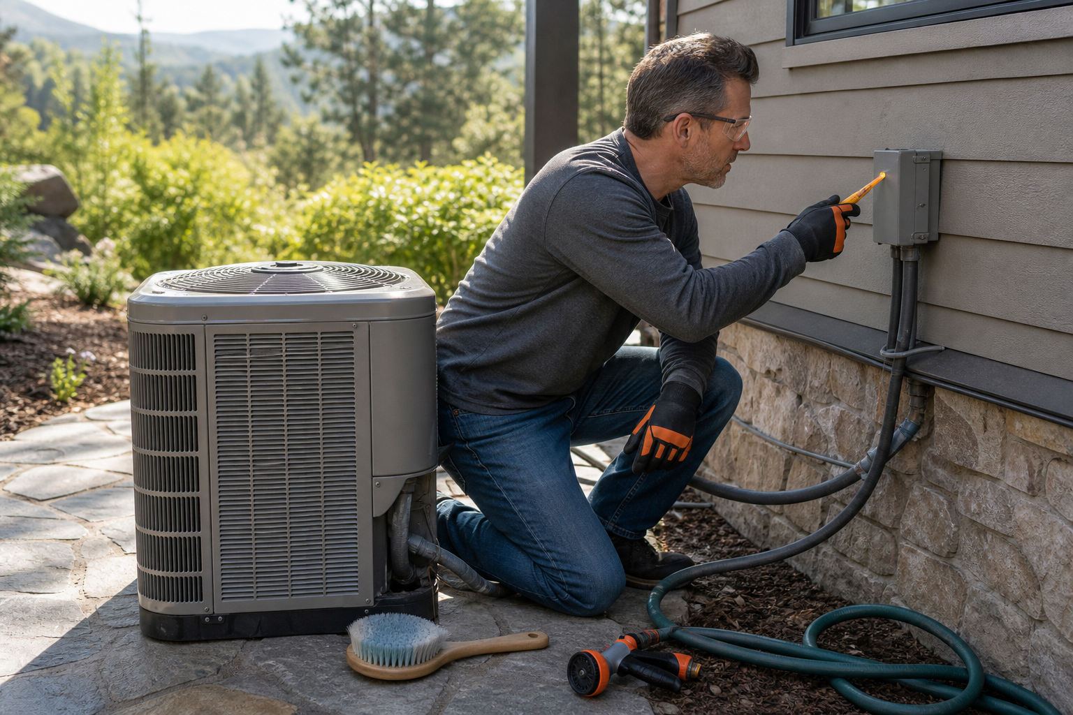 Safe outdoor AC unit cleaning tools and power shutoff check