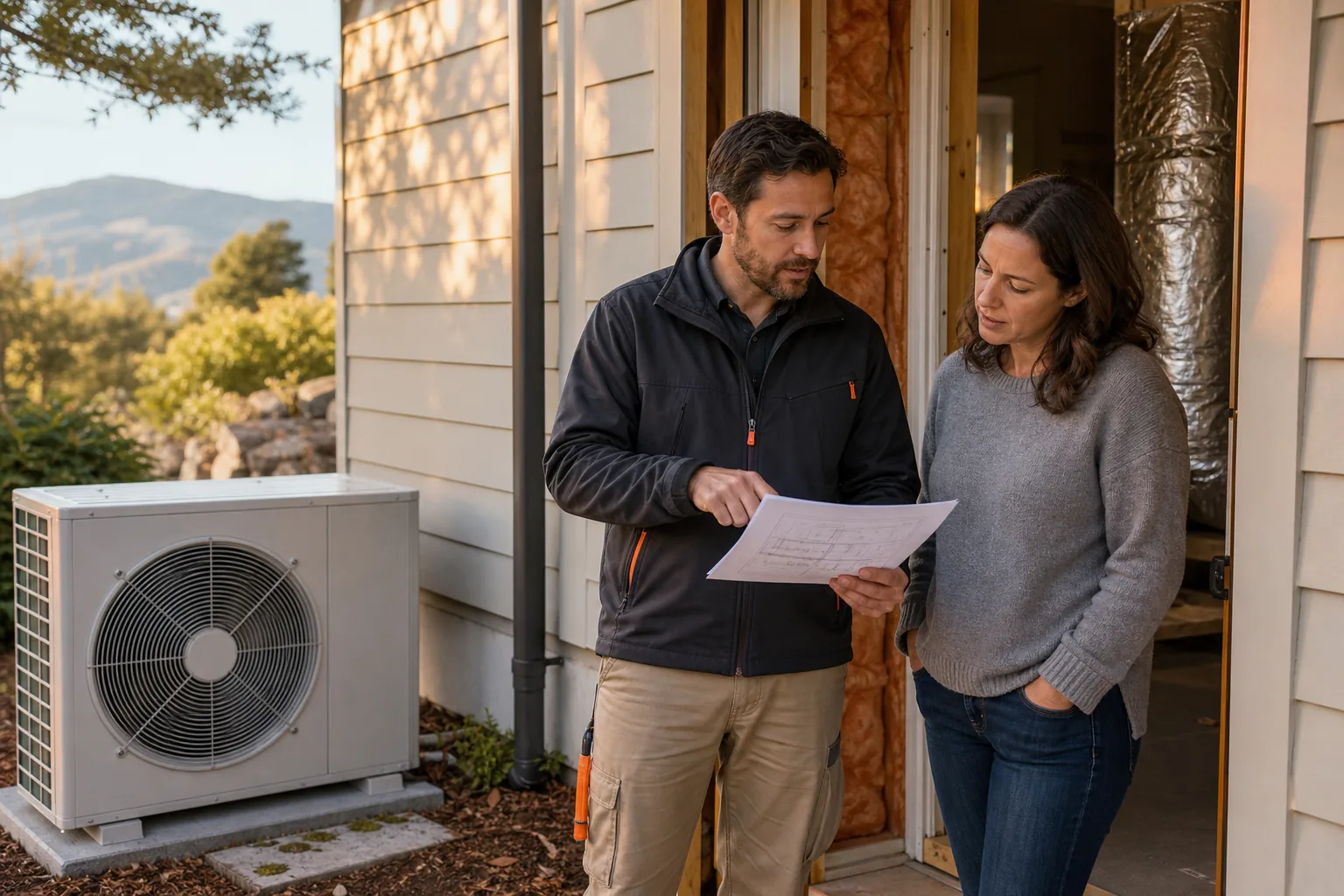 technician checking heat pump and home insulation details in a Northern California home.