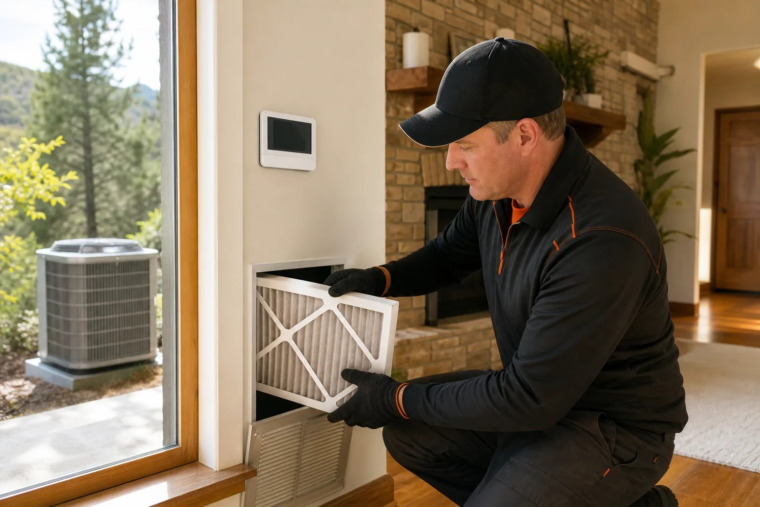 technician checking heat pump airflow and thermostat settings for high electricity use.