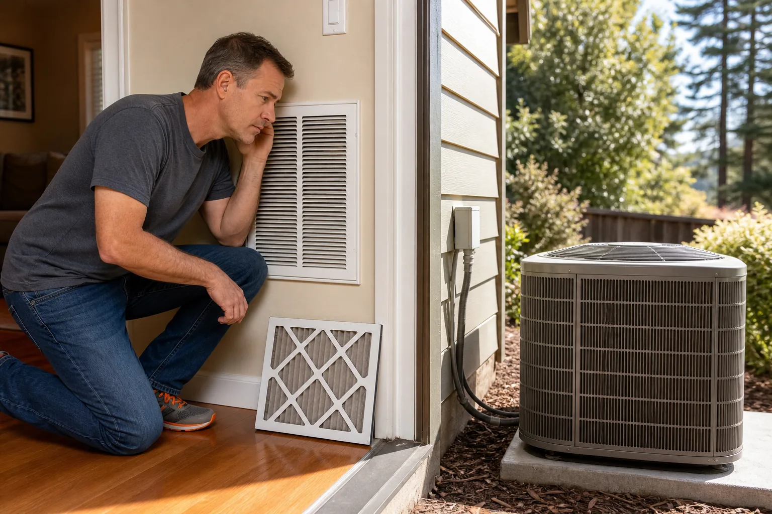 Homeowner checking a loud AC unit for buzzing rattling hissing and squealing noises
