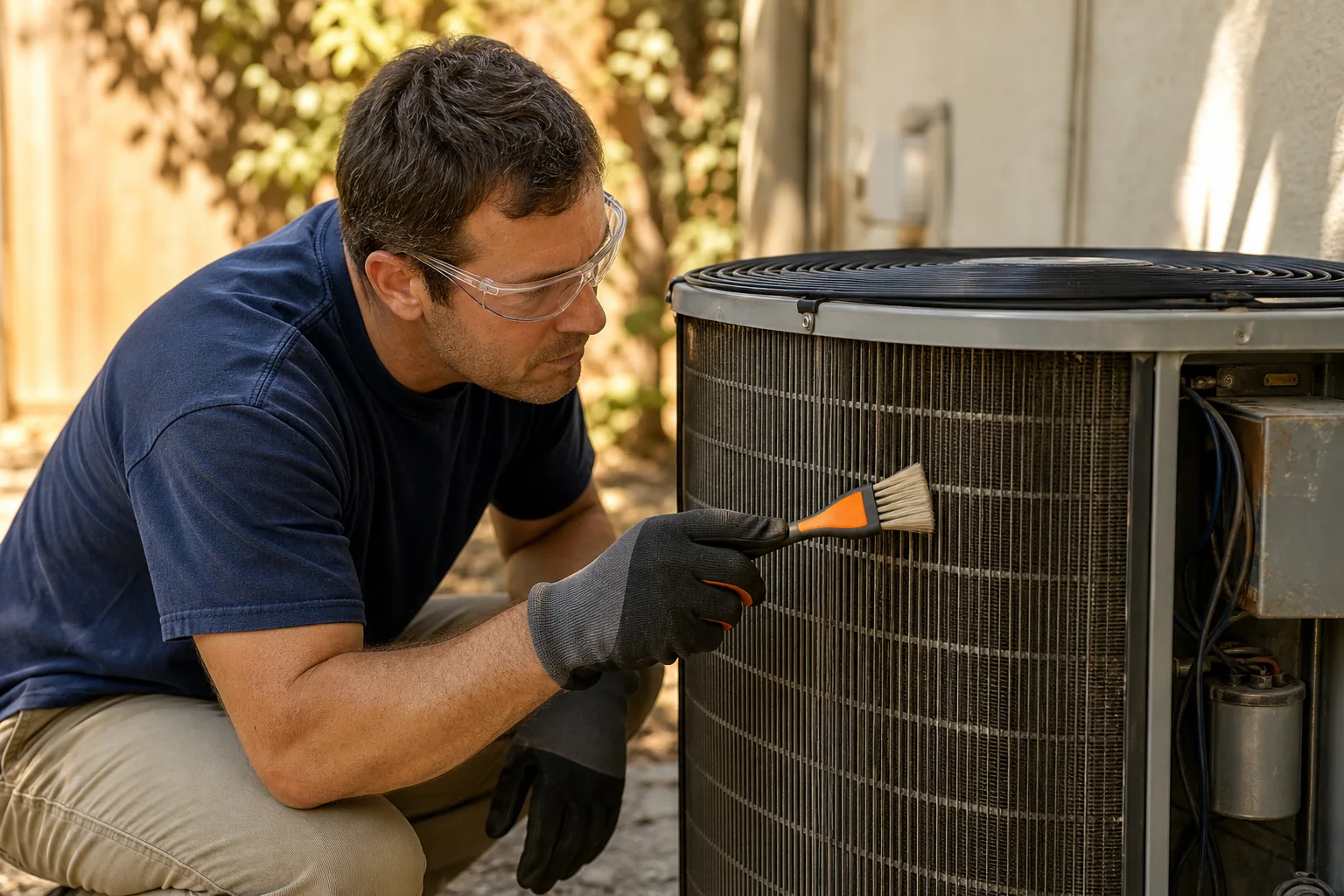 Homeowner removing loose debris from AC condenser coil fins