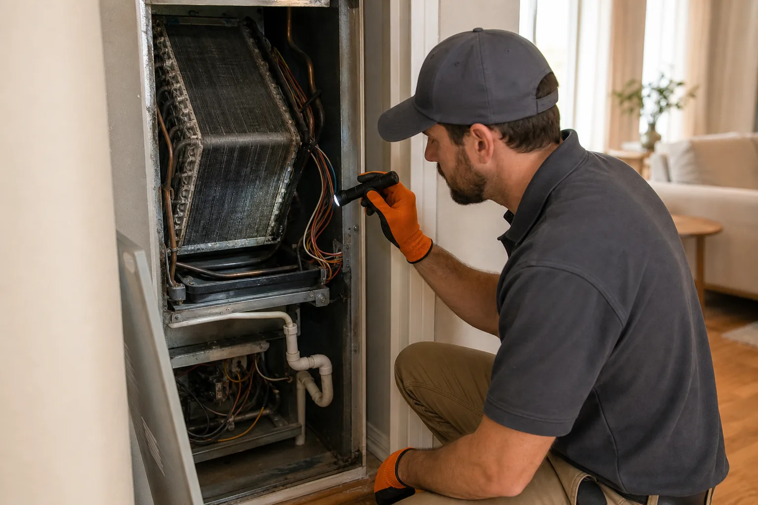 Technician assessing HVAC air handler before UV-C light installation