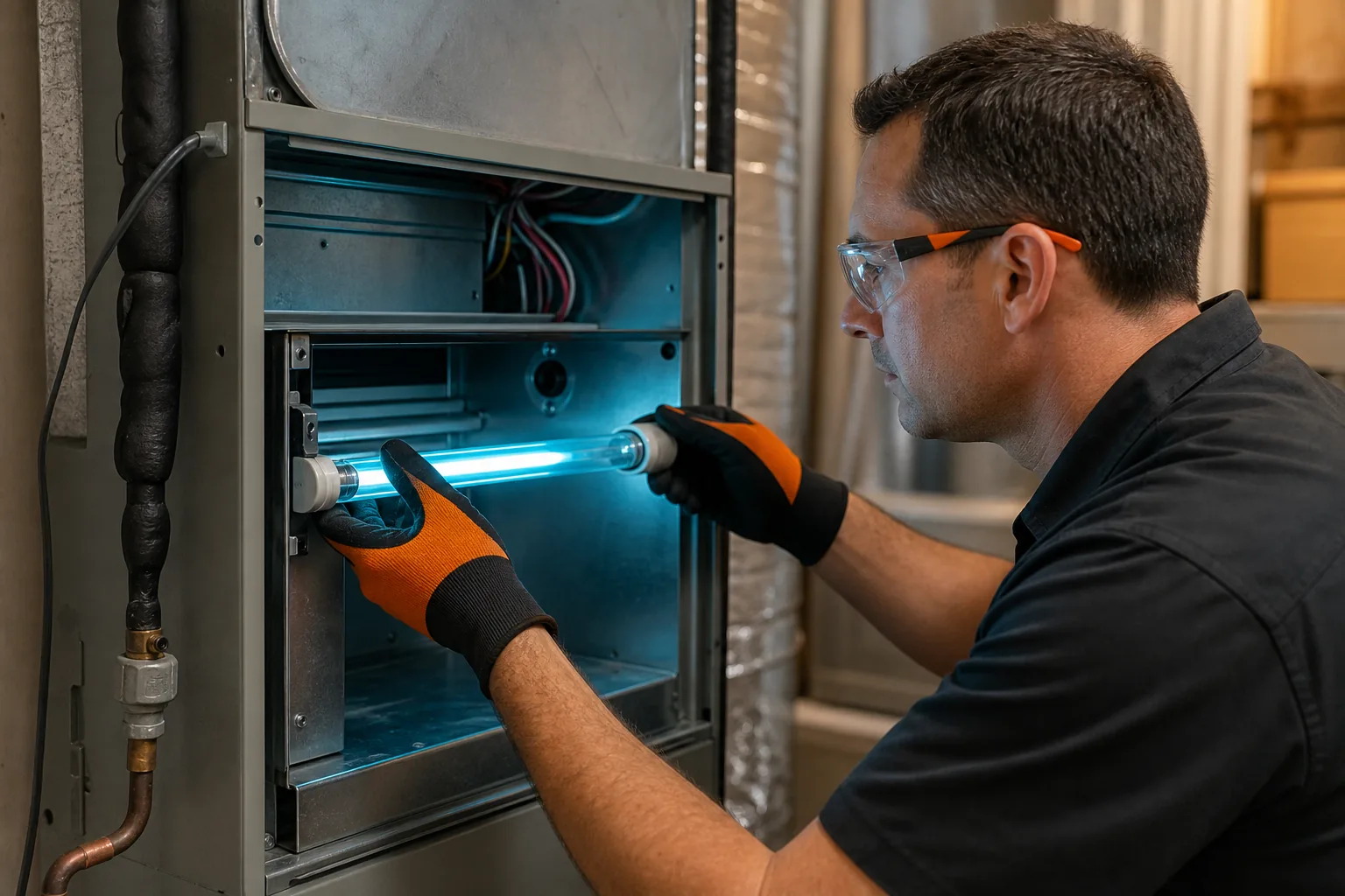 HVAC technician replacing UV-C lamp during air handler maintenance