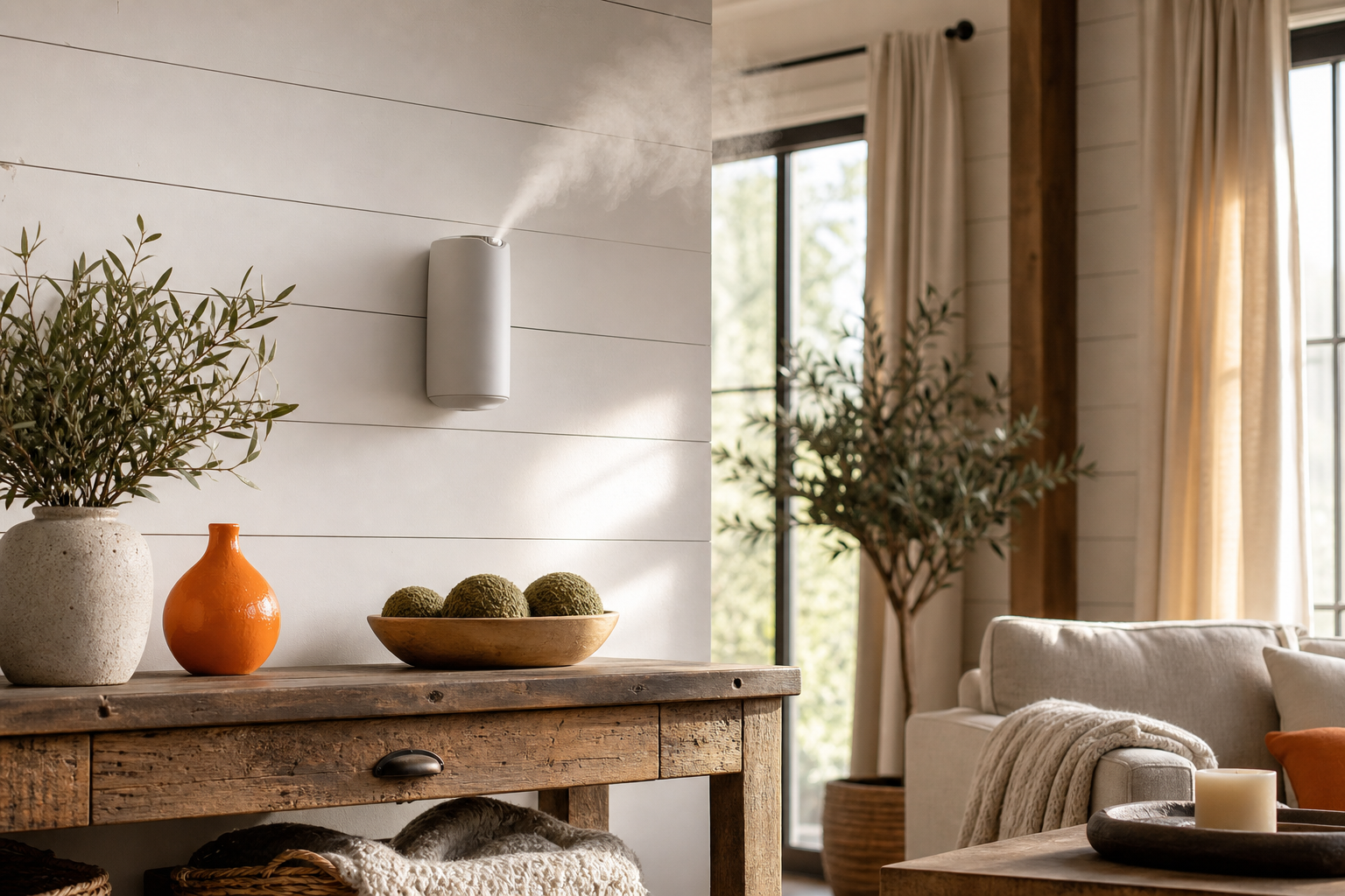 cold-air diffuser installed in a modern farmhouse living room with warm natural light.