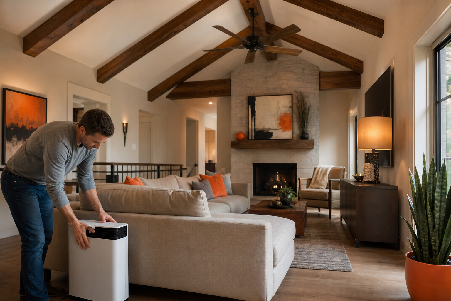 adjusting cold-air diffuser placement in a vaulted ceiling room with beams and ceiling fan.