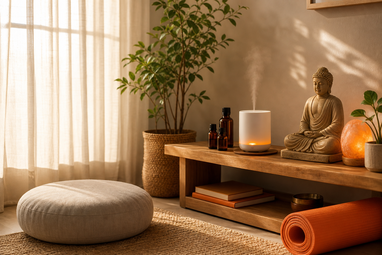 wireless scent diffuser in a calm meditation nook with natural light.