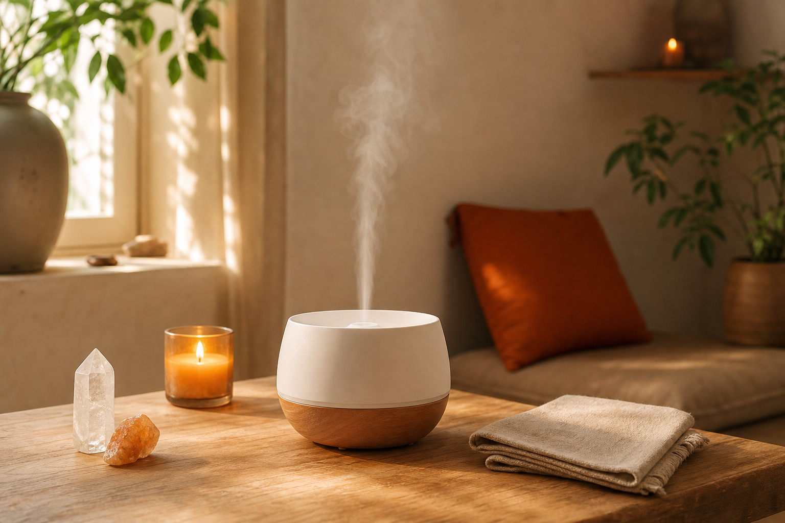 compact echo diffuser in a minimalist meditation nook with natural decor.
