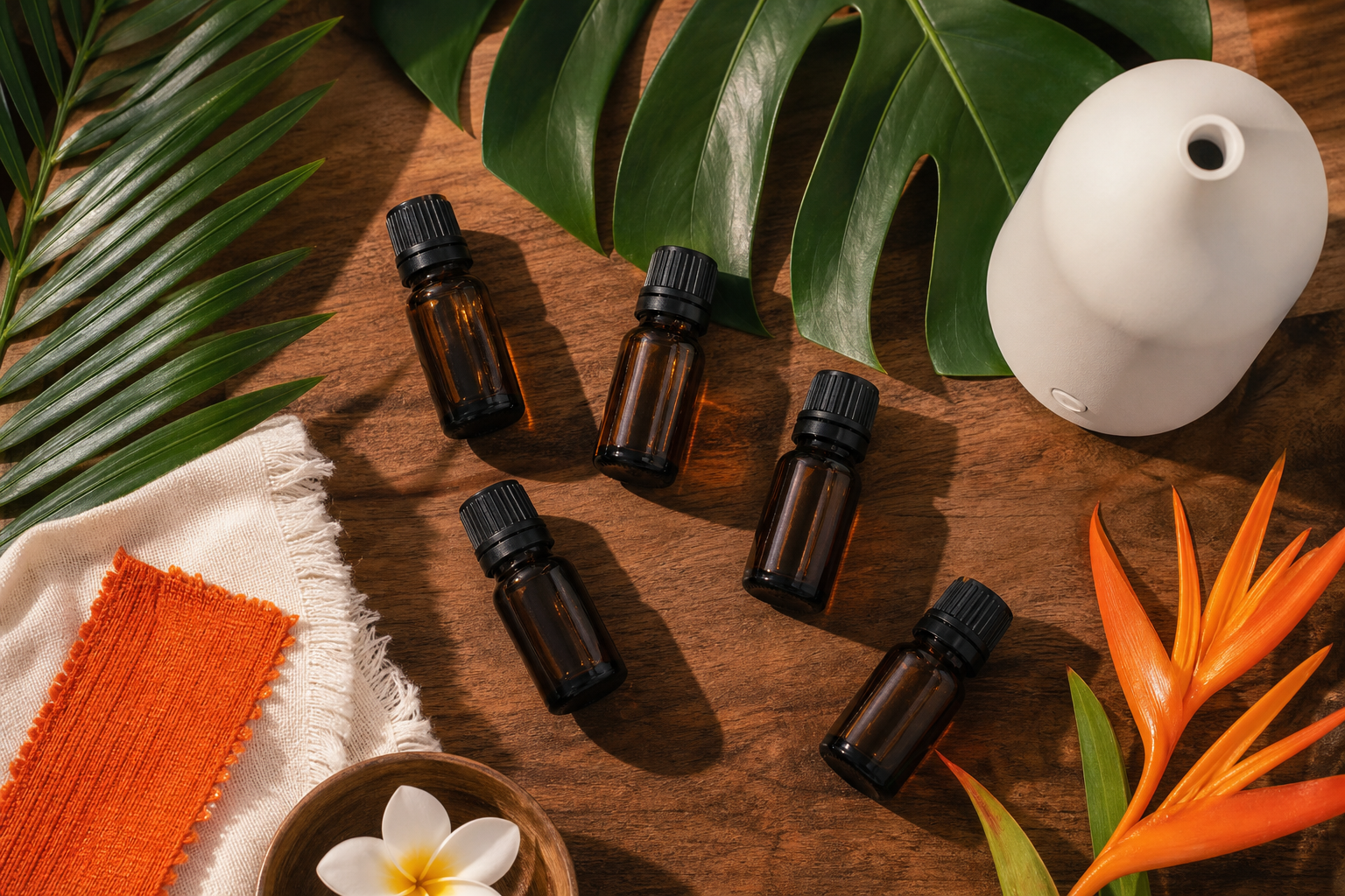island fragrance oil bundle arranged on walnut wood surface with tropical botanicals and a luxury cold-air diffuser.