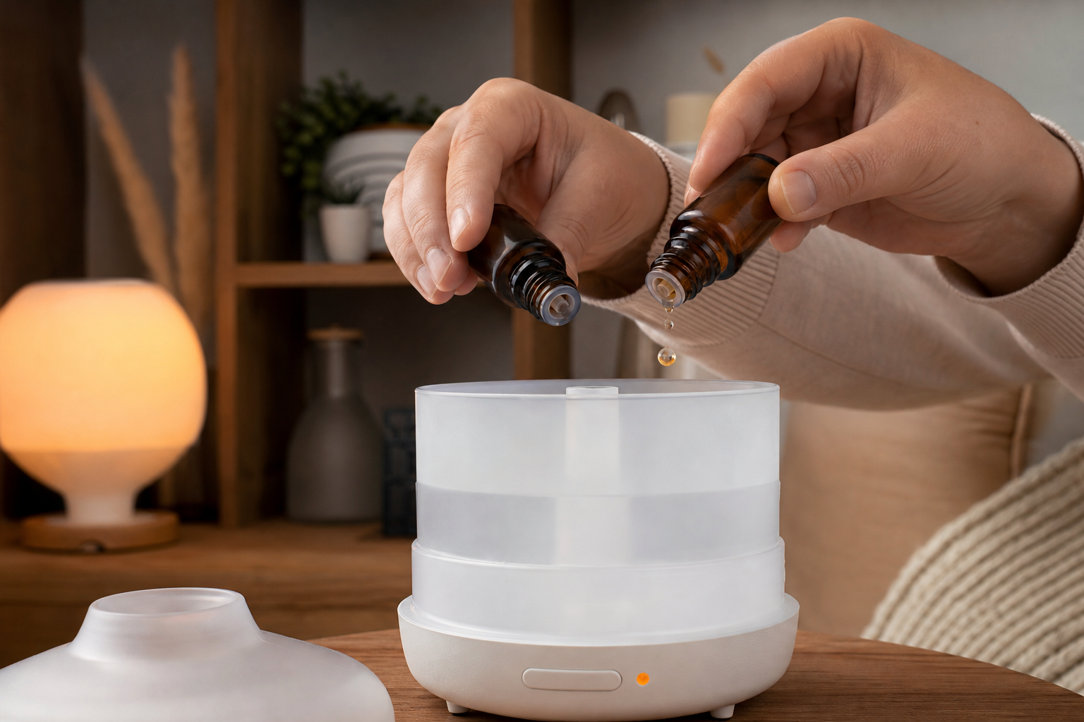 adding fragrance oil drops into a cold-air diffuser reservoir in the correct ratio.