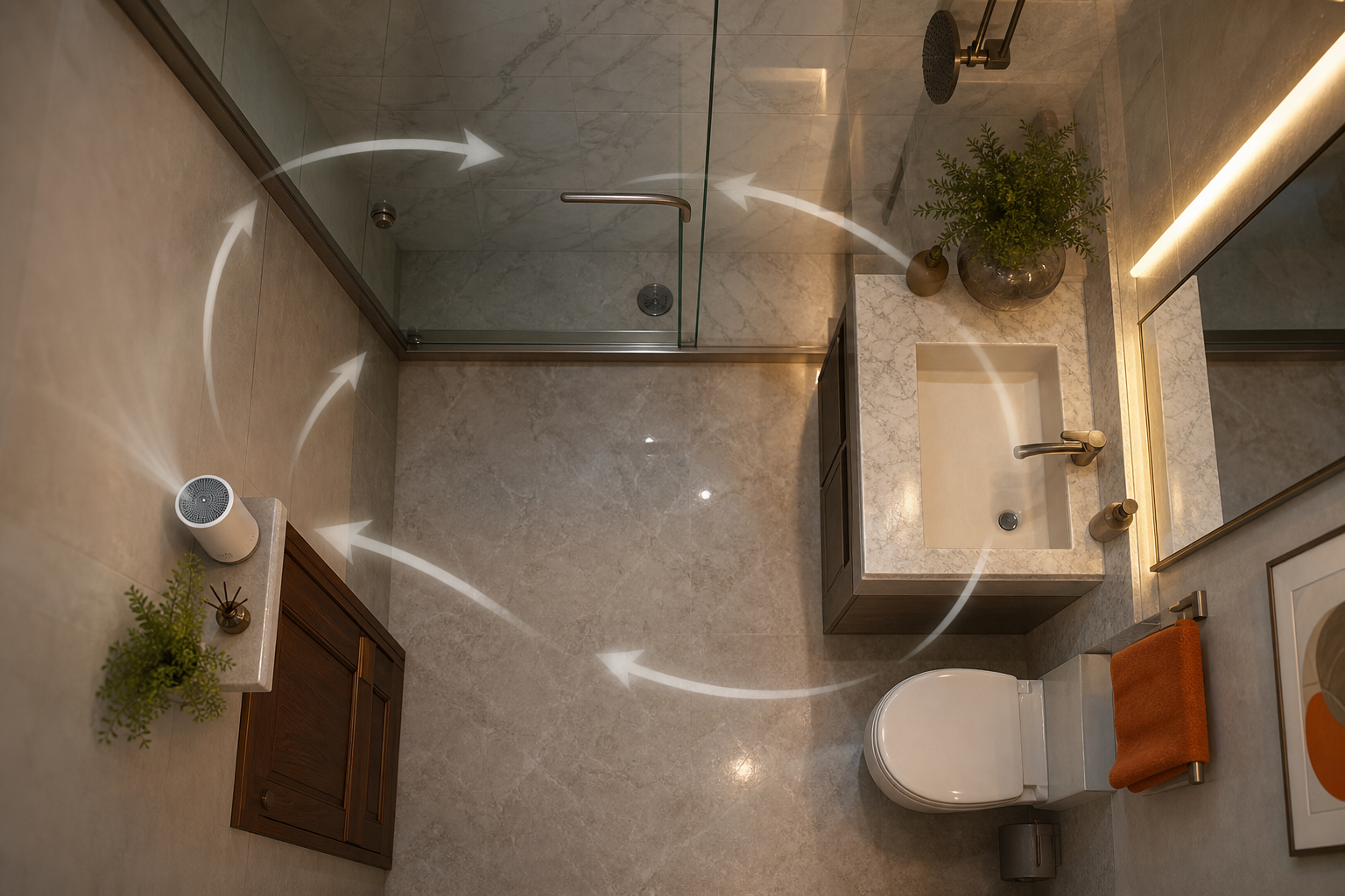 optimal cold-air diffuser placement in bathroom for even scent coverage.