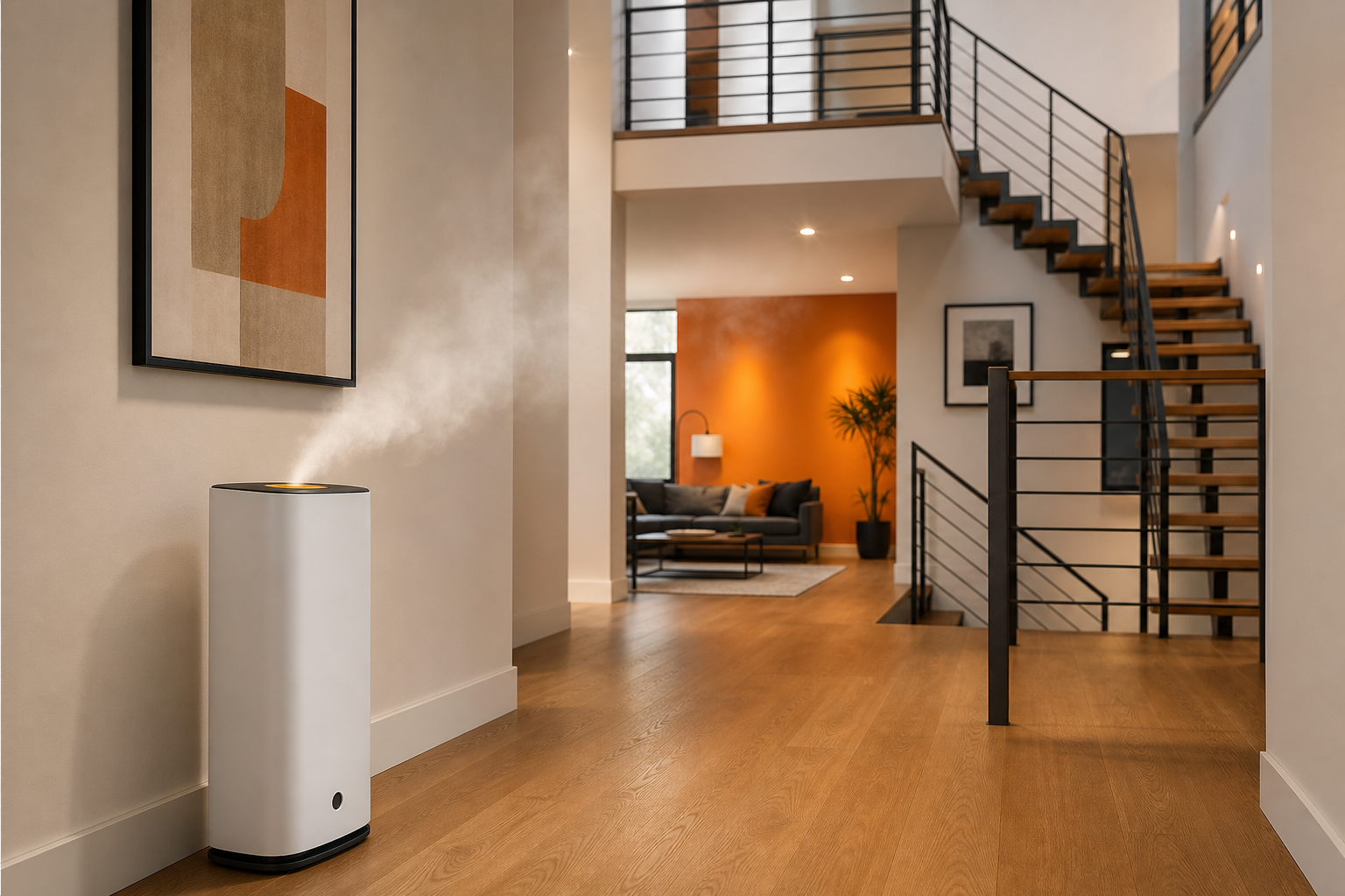 cold-air diffuser positioned near a staircase in a multi-level home for even scent distribution.
