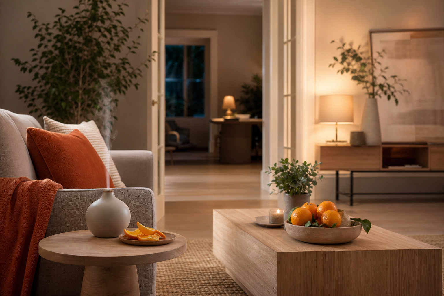 testing citrus and woody room fragrance before guests arrive