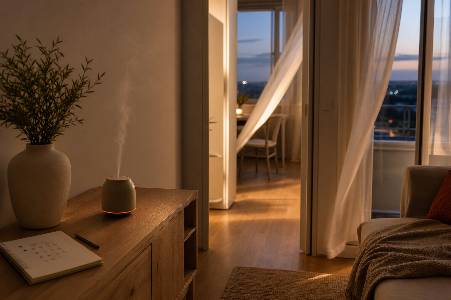 testing diffuser placement and scent intensity in a minimalist small apartment.