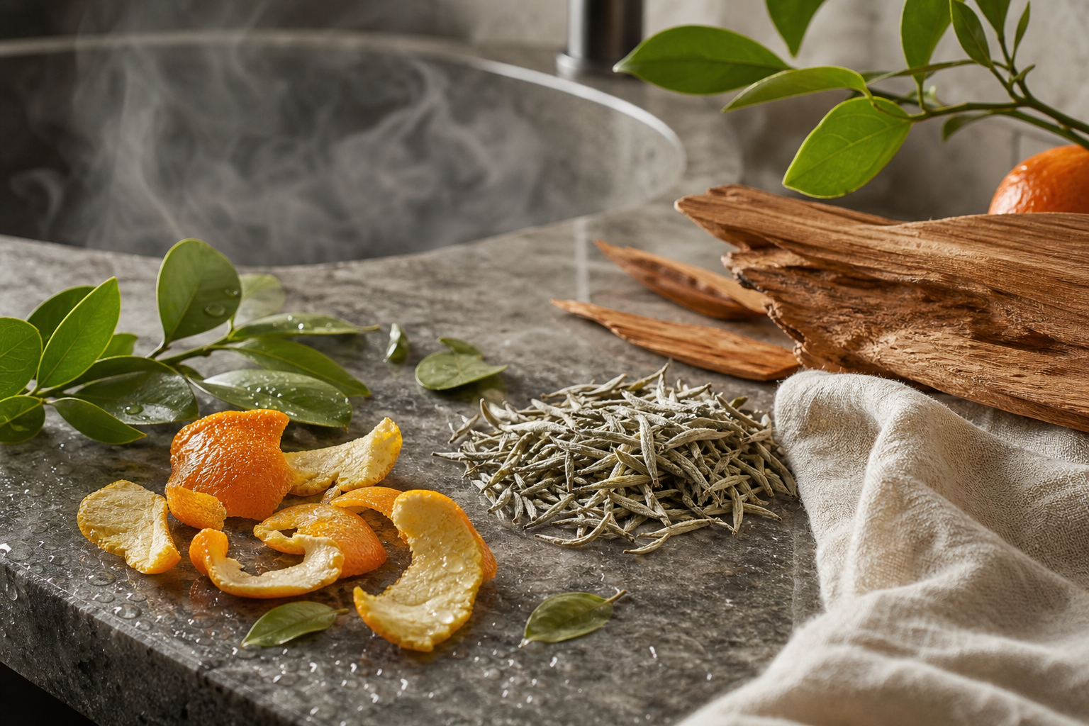 citrus floral woody fragrance notes for a humid bathroom