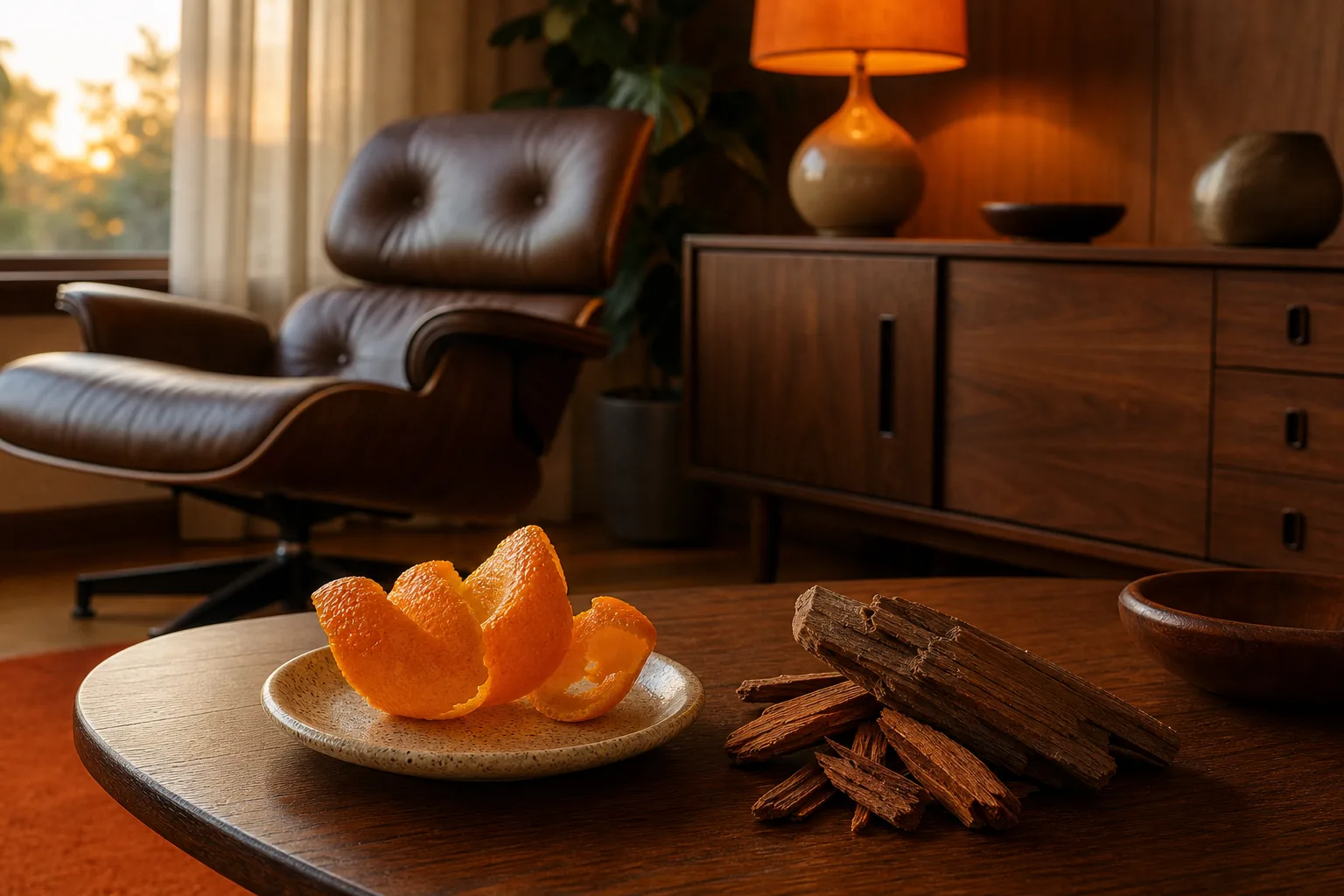 three-part scent story with citrus leather and cedarwood in a mid-century room