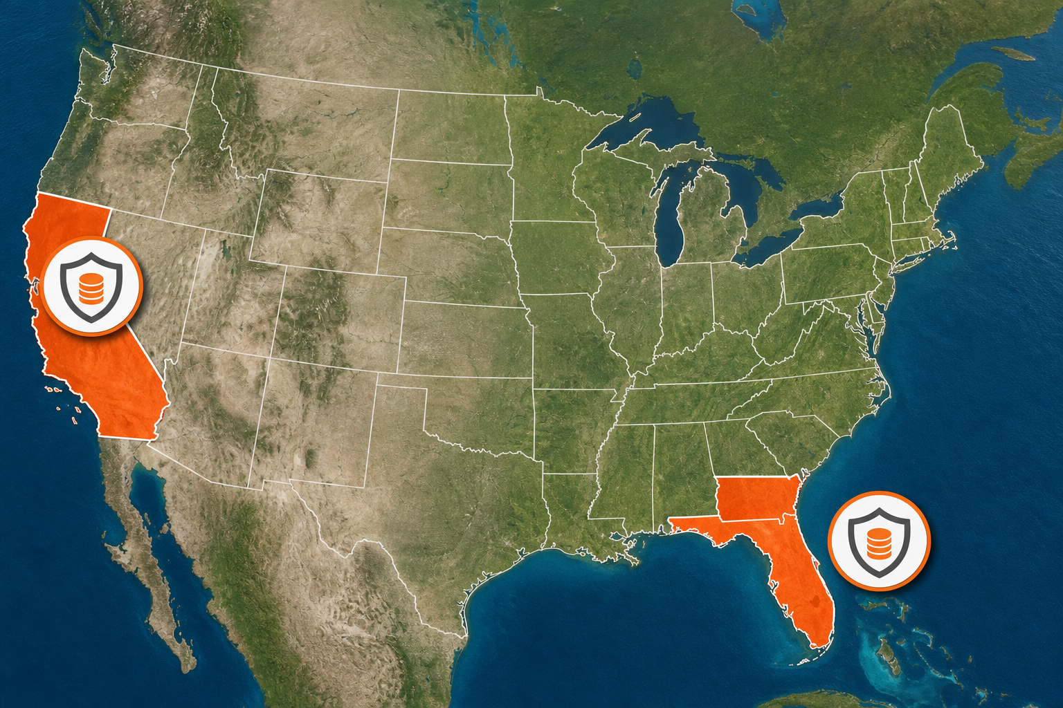 A map of the United States highlighting Florida and California with deposit‑cap icons, alt: security deposit state law c
