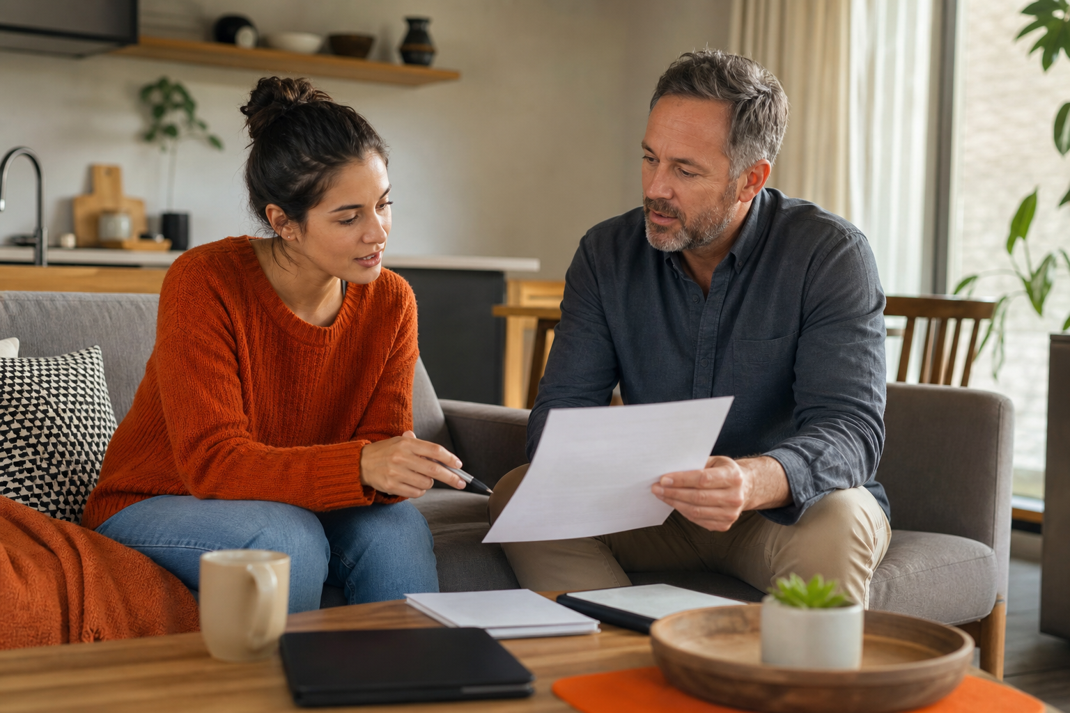 A realistic scene of a renter discussing lease options with a landlord, alt: "renters planning before staying past lease