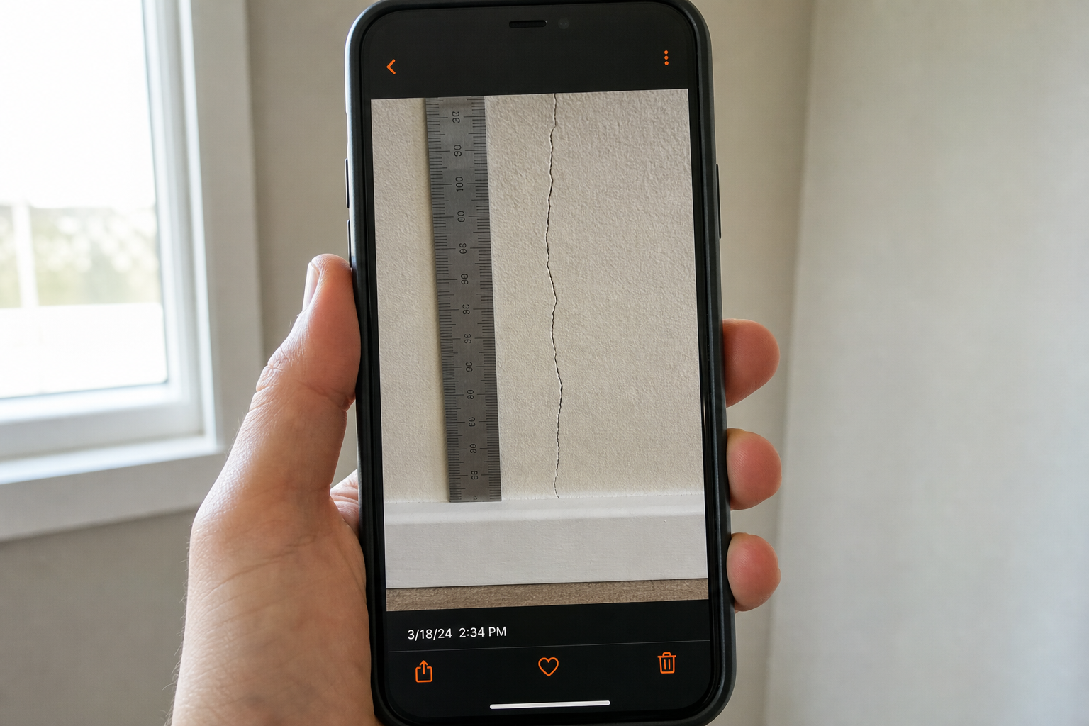 A realistic image of a smartphone screen displaying a timestamped photo of a cracked wall with a ruler for scale, alt="move