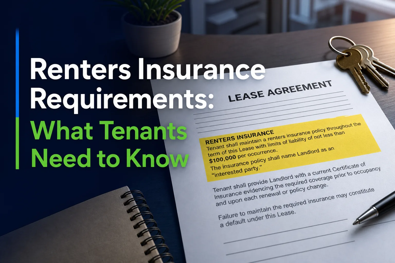 Renters insurance requirements clause highlighted in lease