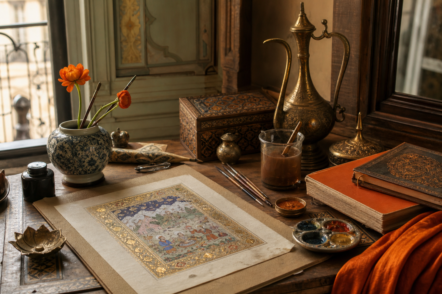 Persian miniature painting on paper, delicate brushwork and gold leaf.