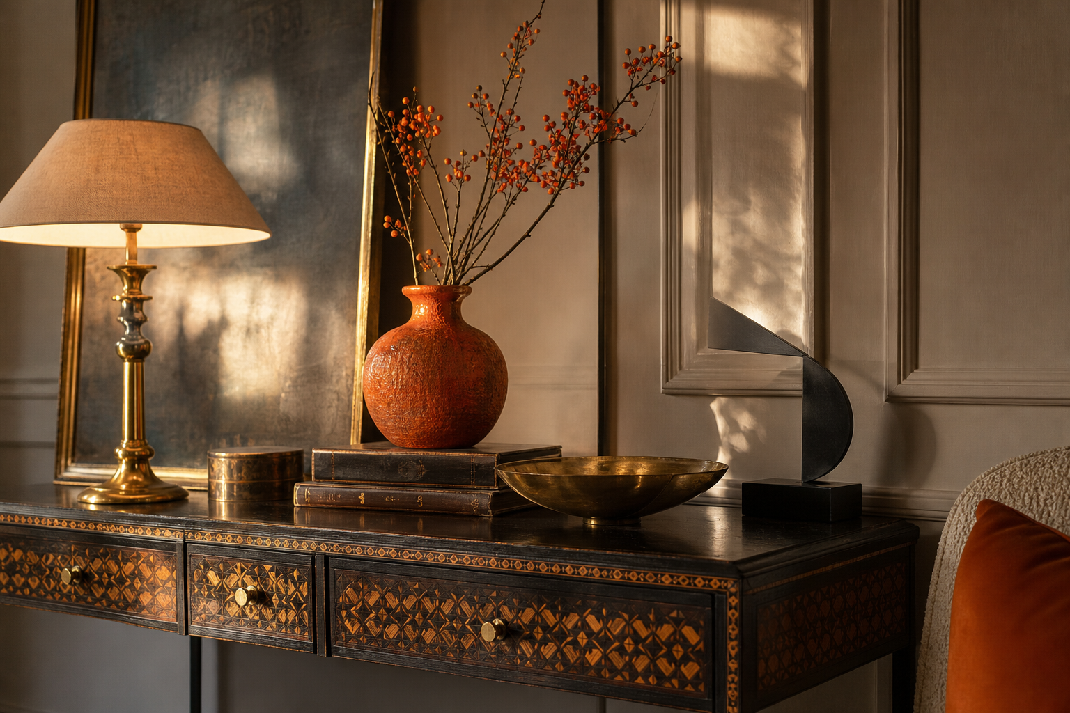 console table with layered lighting and textured accessories