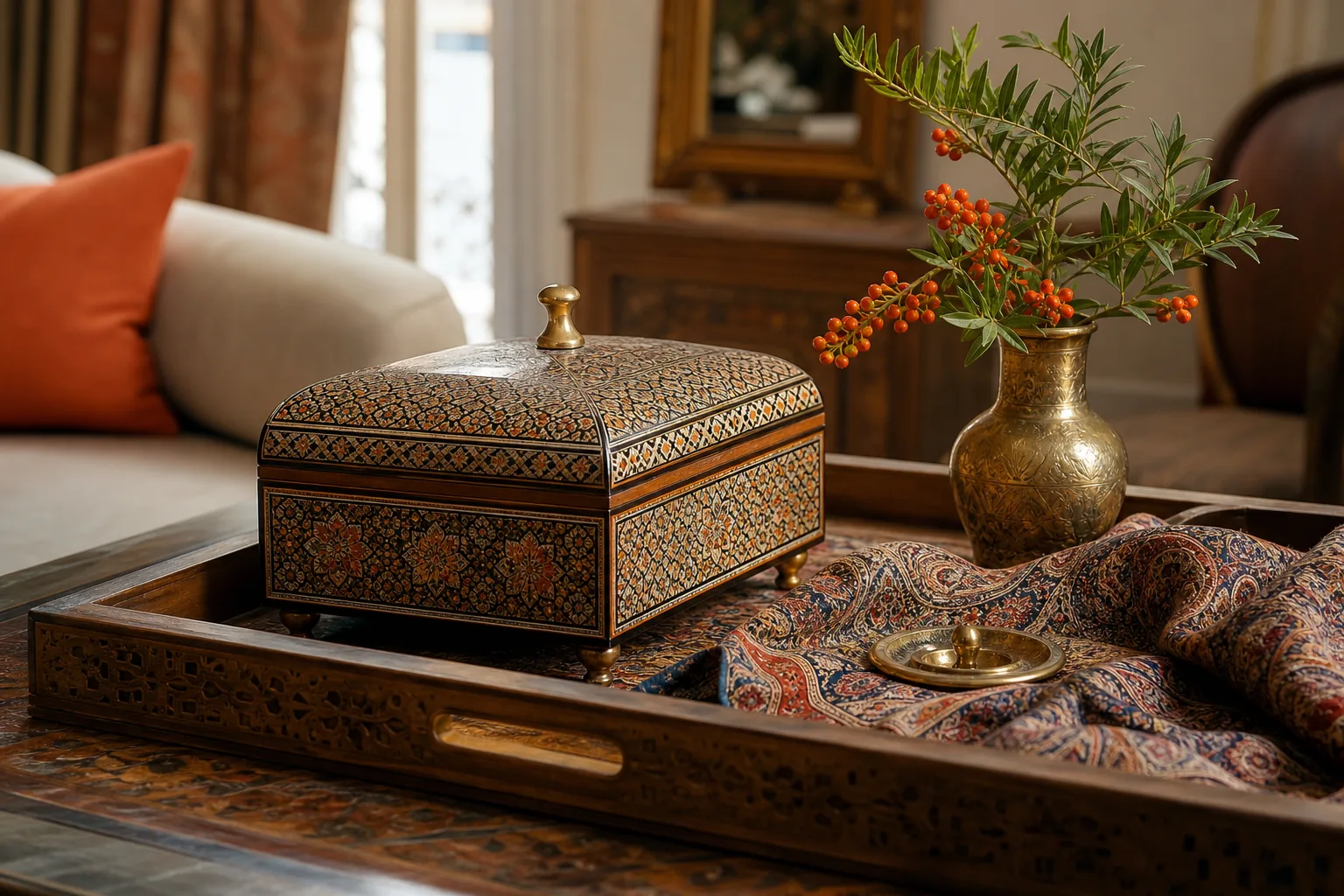 collectible Persian box and patterned textile on a coffee table tray.