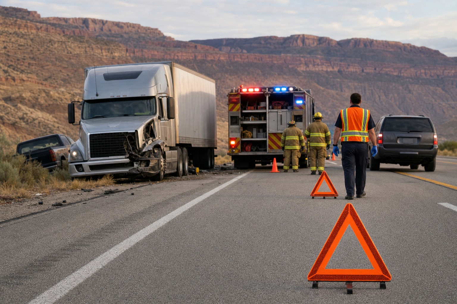 Utah truck accident scene with emergency responders and reflective warning triangles.
