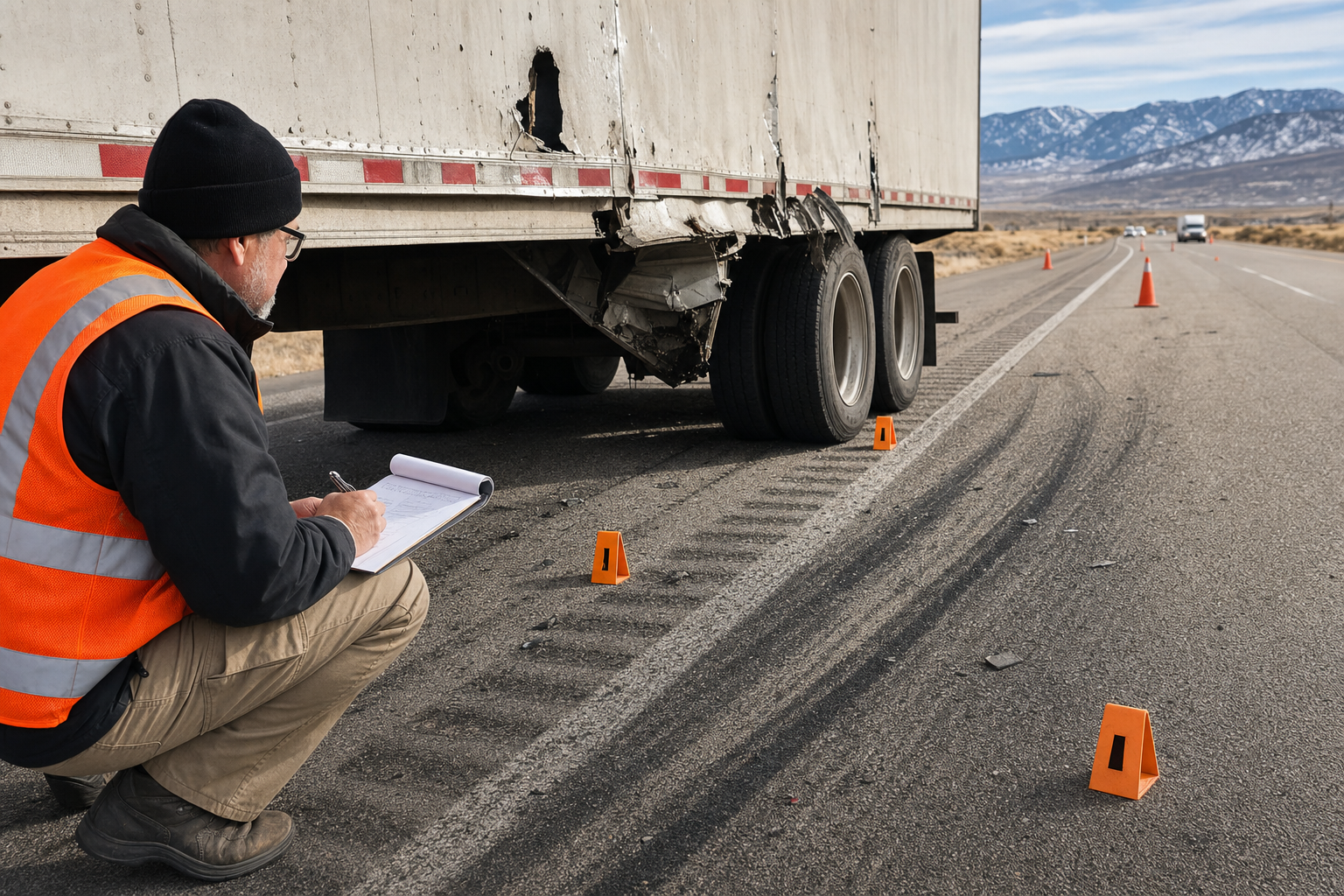 truck accident evidence inspection with trailer damage and tire marks.