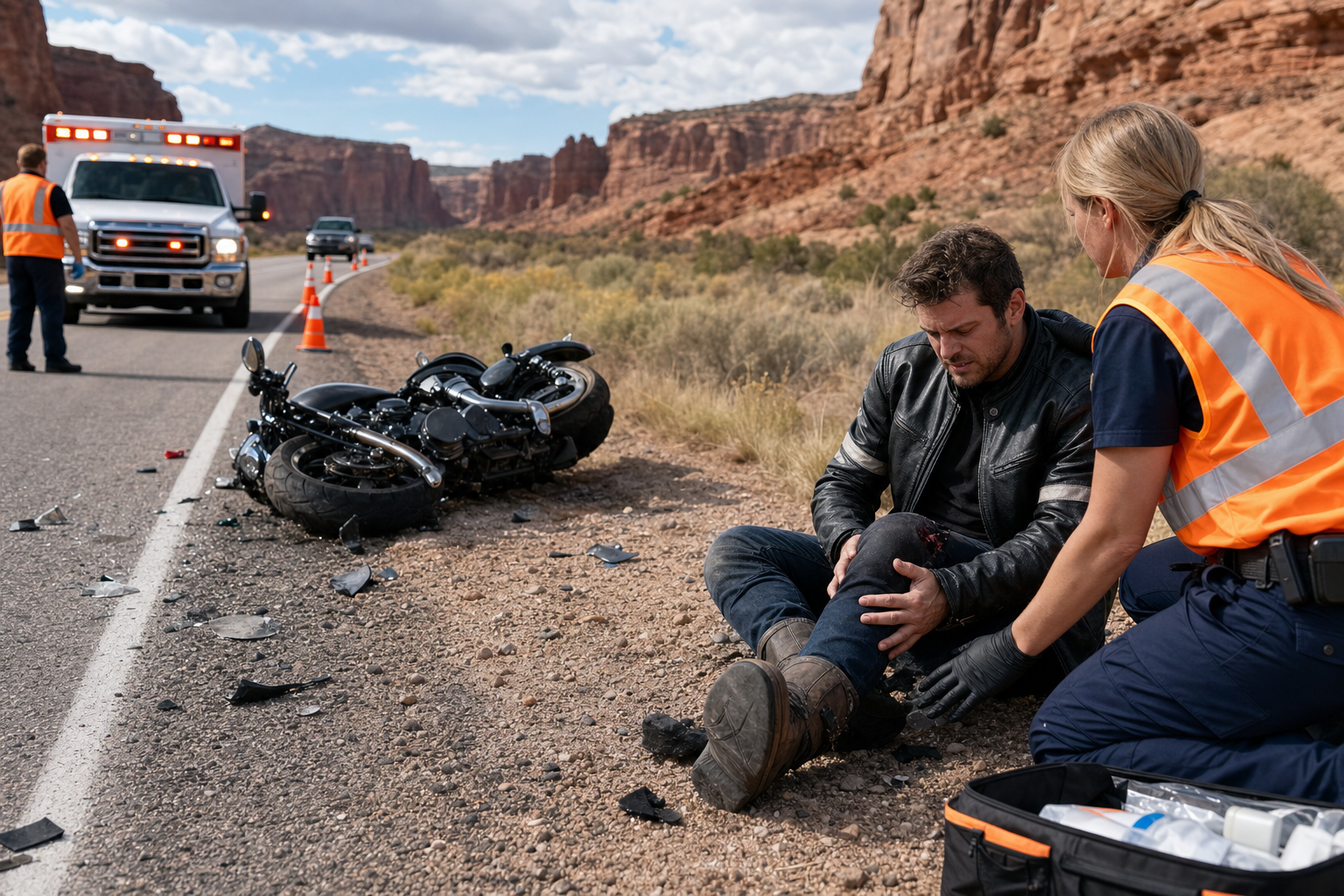 Utah motorcycle accident scene with emergency responders and rider safety