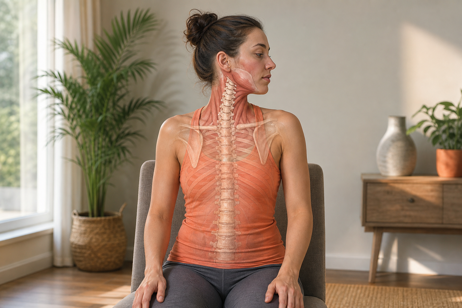 A realistic illustration of a person gently rotating their neck while seated, showing muscles and spine in soft colors