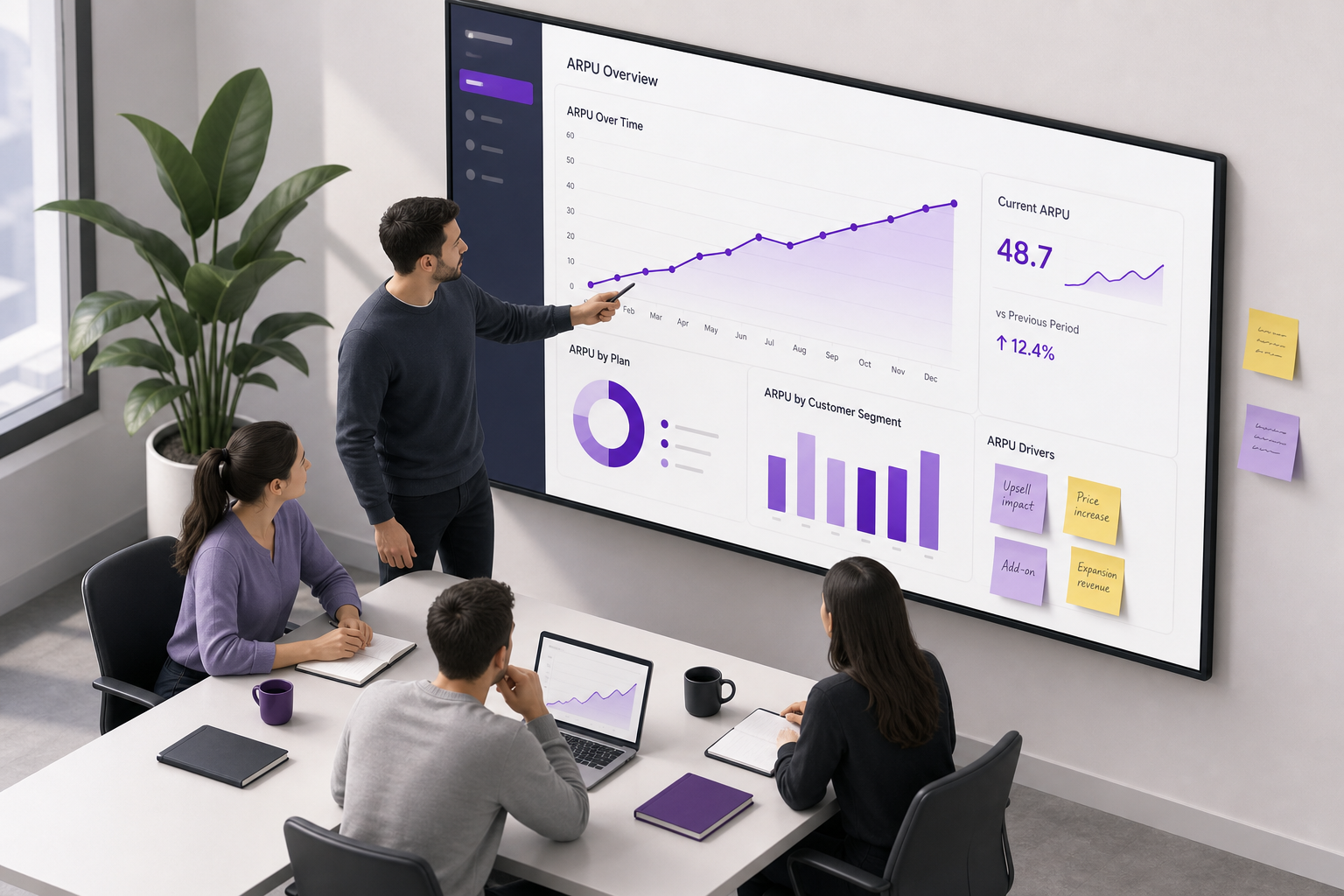 "Team analyzing ARPU trends on a dashboard"