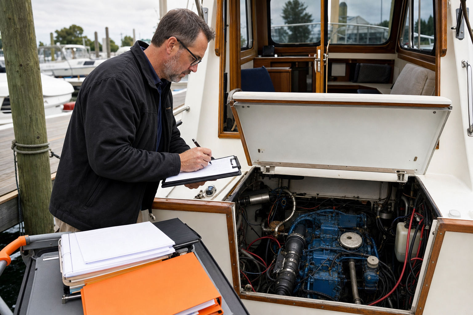 marine surveyor documenting boat condition and maintenance records