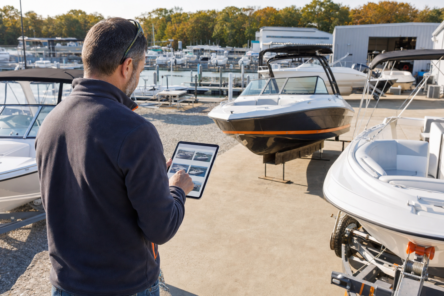 comparing used boat listings and local market values at a marina