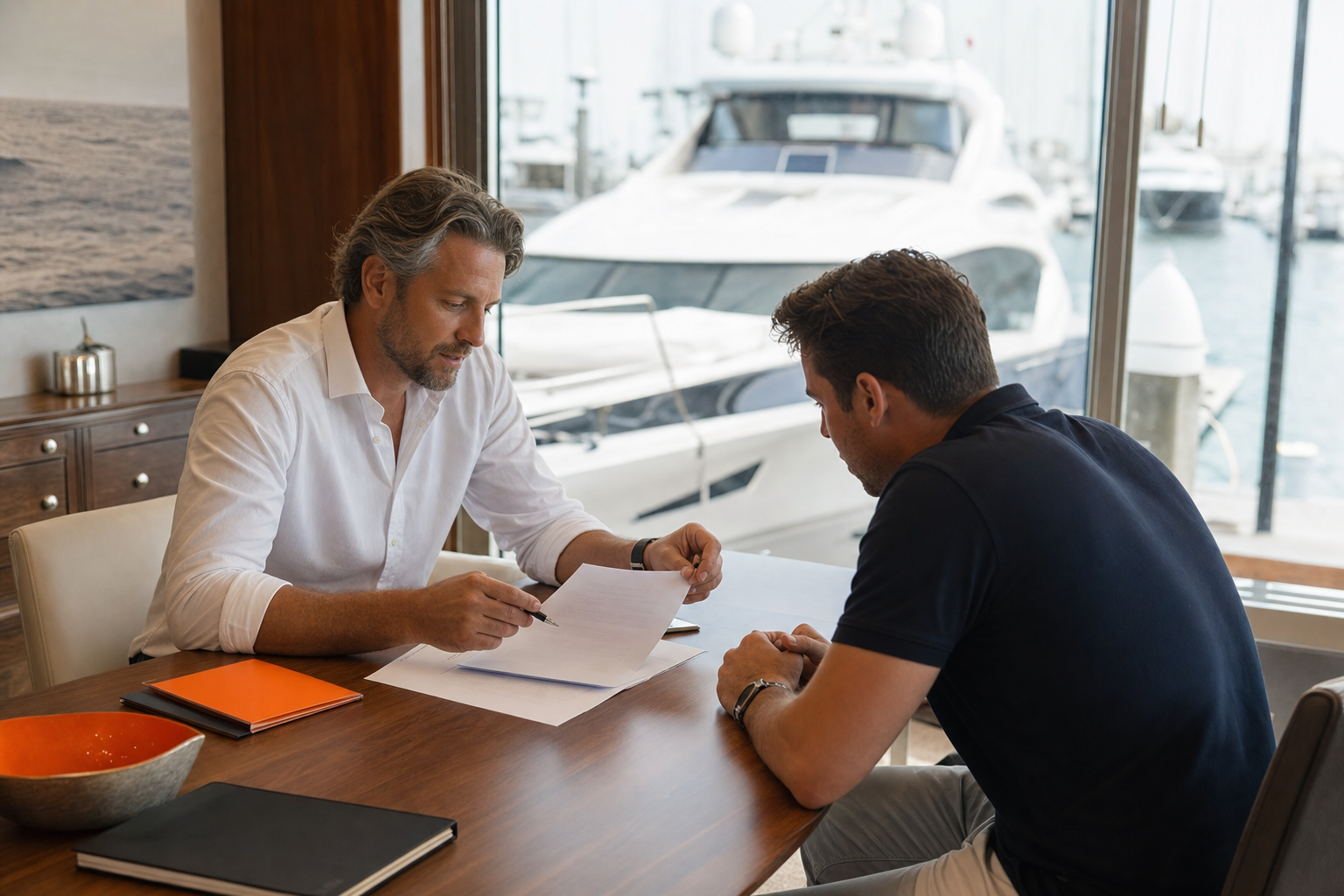 yacht broker reviewing a boat sale transaction with a client