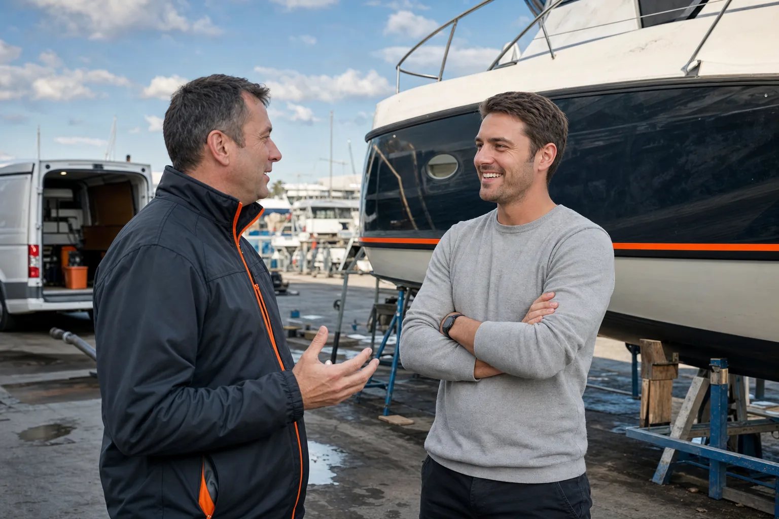 marine business owner asking a satisfied boat customer for a Google review