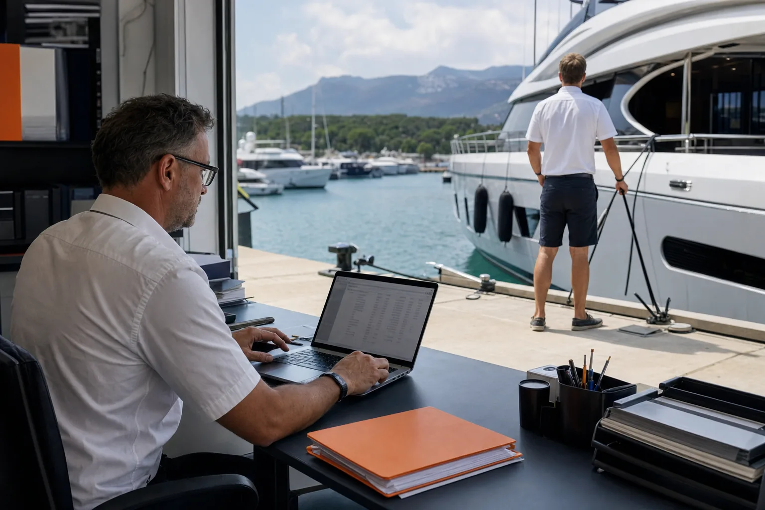 Yacht management team reviewing vessel maintenance and operations at a marina.