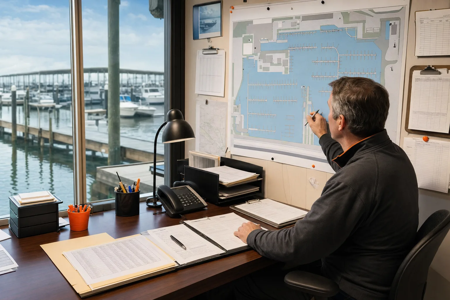 Marina management office with berth map, billing records, and dock operations.