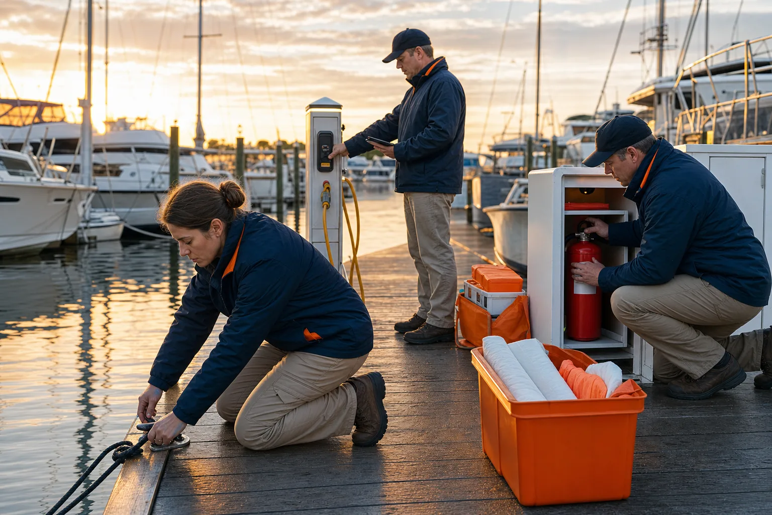 Marina staff performing dock safety inspection and environmental risk checks.