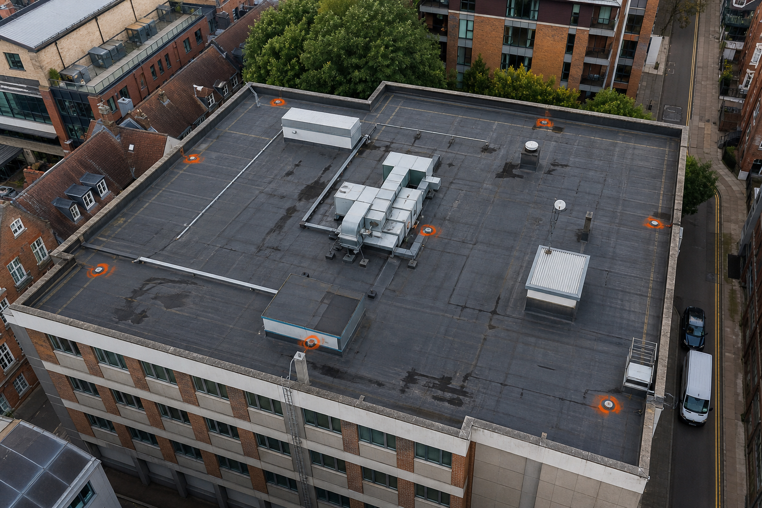 A photorealistic aerial view of a commercial flat roof with highlighted inspection points, showing a building in an urban UK
