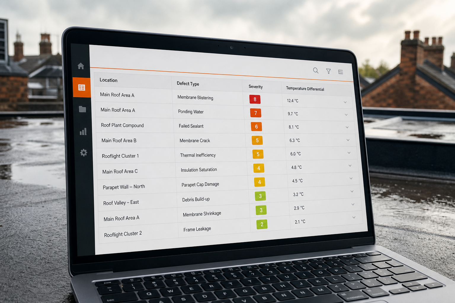 A realistic close‑up of a digital defect register on a laptop screen, showing rows with roof locations, defect types