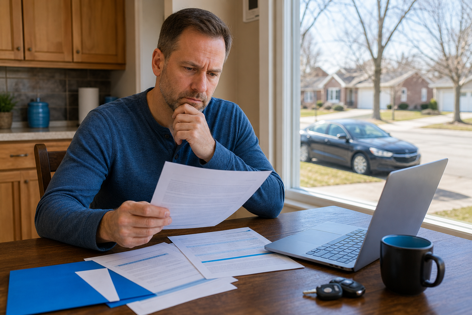 Illinois driver reviewing car insurance premium factors and renewal documents