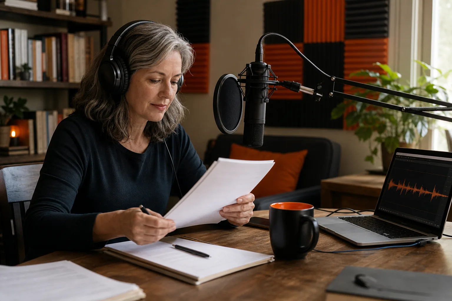 Non-fiction author recording an audiobook in a home studio.