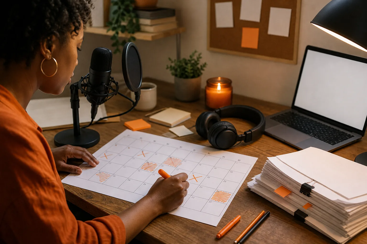 Author planning an audiobook or podcast launch calendar.